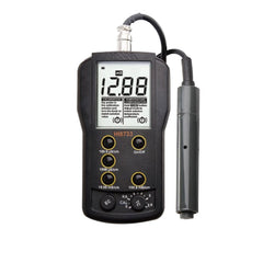 A Hanna Multi-range Portable Conductivity Meter HI9833, black in color, with a digital screen, functional buttons, and a probe attached.