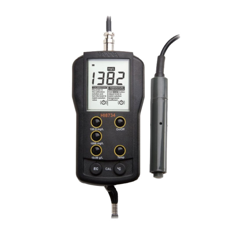 A Hanna multi-range portable TDS meter HI8734 with a digital display, functional buttons, and a probe attached via a cable.