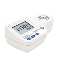 A digital refractometer Hanna HI96800 with a blue and white color scheme, featuring a digital screen displaying readings in Brix units.