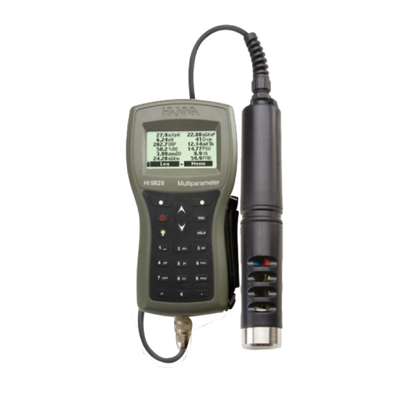 A Hanna Instruments multi-parameter pH/ISE/EC/DO/Turbidity Meter with a digital screen, various control buttons, and a connected probe.