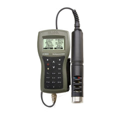 A Hanna Instruments multi-parameter pH/ISE/EC/DO/Turbidity Meter with a digital screen, various control buttons, and a connected probe.