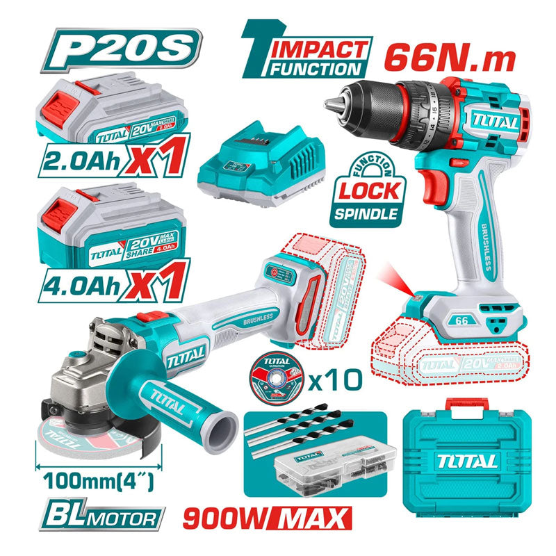 Total TCKLI2027310 | Cordless 2 Pcs Combo Kit - 20V Grinder & Drill with Batteries & Charger
