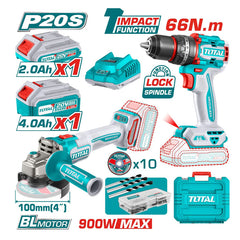 Total TCKLI2027310 | Cordless 2 Pcs Combo Kit - 20V Grinder & Drill with Batteries & Charger