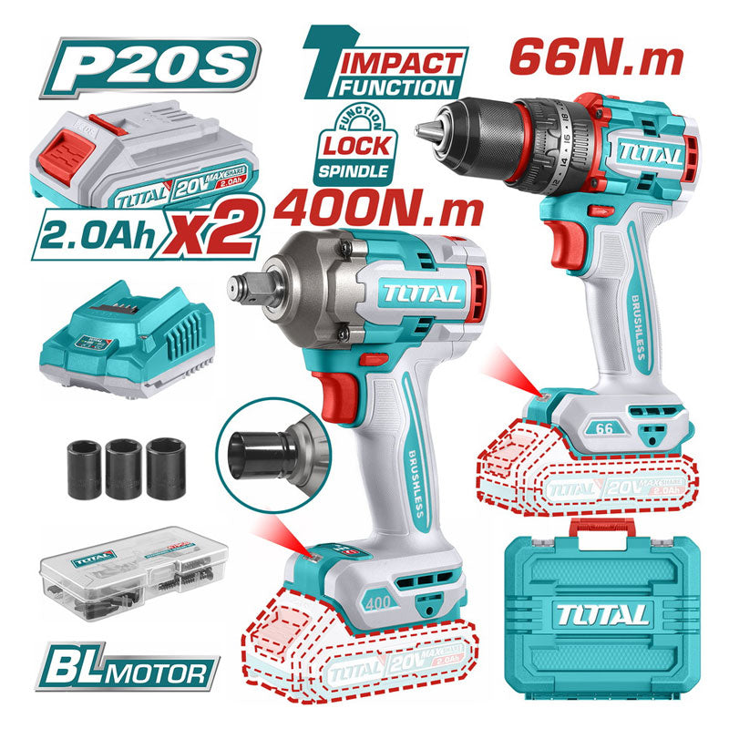 Total TCKLI20275 | Cordless 2 Pcs Combo Kit - 20V with Batteries & Charger