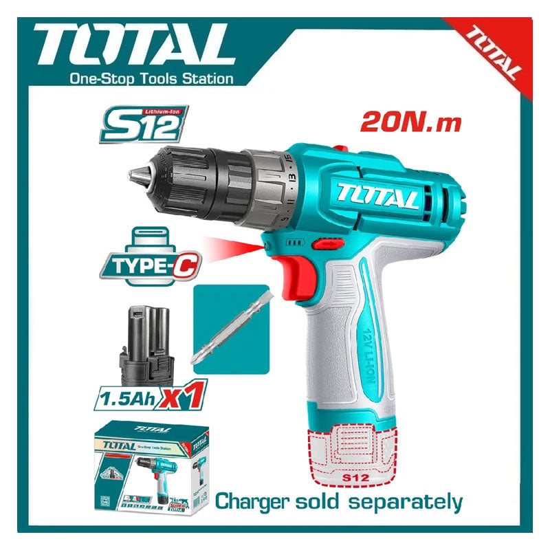 Total TDLI122061 | Cordless Drill - 12V 20Nm 2-Speed with Battery, Charger Sold Separately