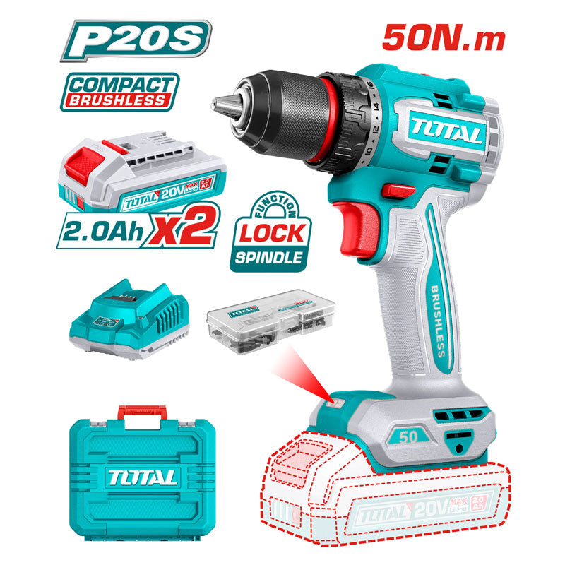 Total TDLI205062 | Compact Brushless Cordless Drill - 20V 50Nm with Batteries & Charger