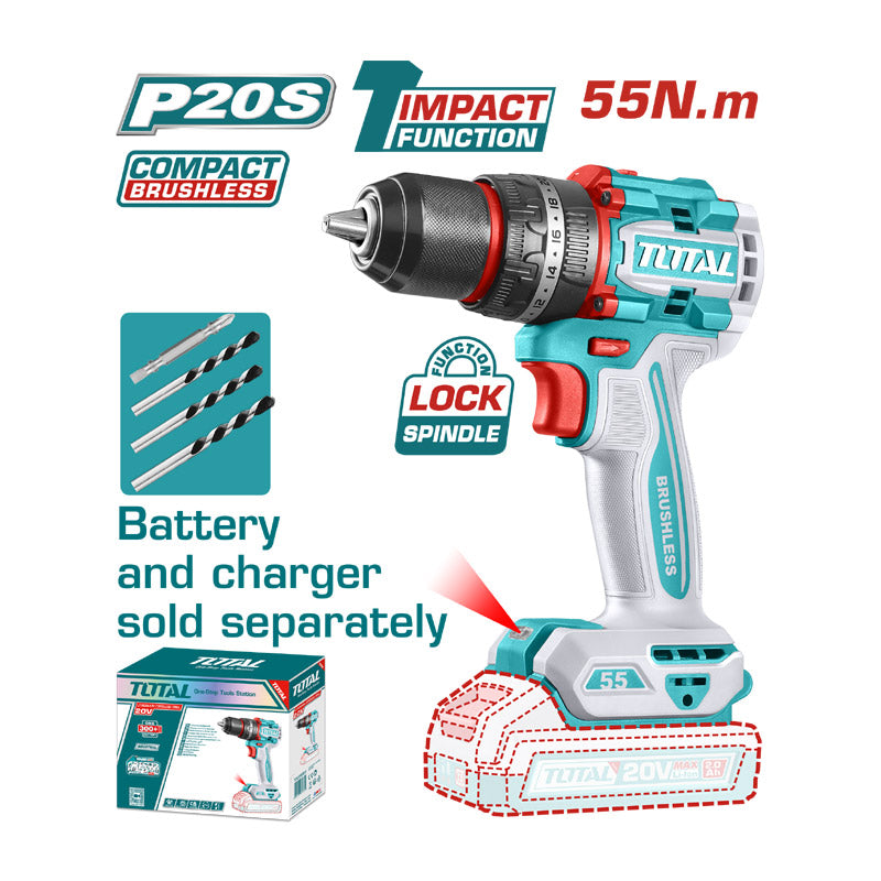 Total TIDLI205581 | Compact Brushless Cordless Impact Drill - 20V 55Nm Bare Tool