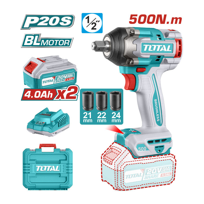 Total TIWLI2050 | Cordless Impact Wrench - 20V 500Nm with Batteries & Charger
