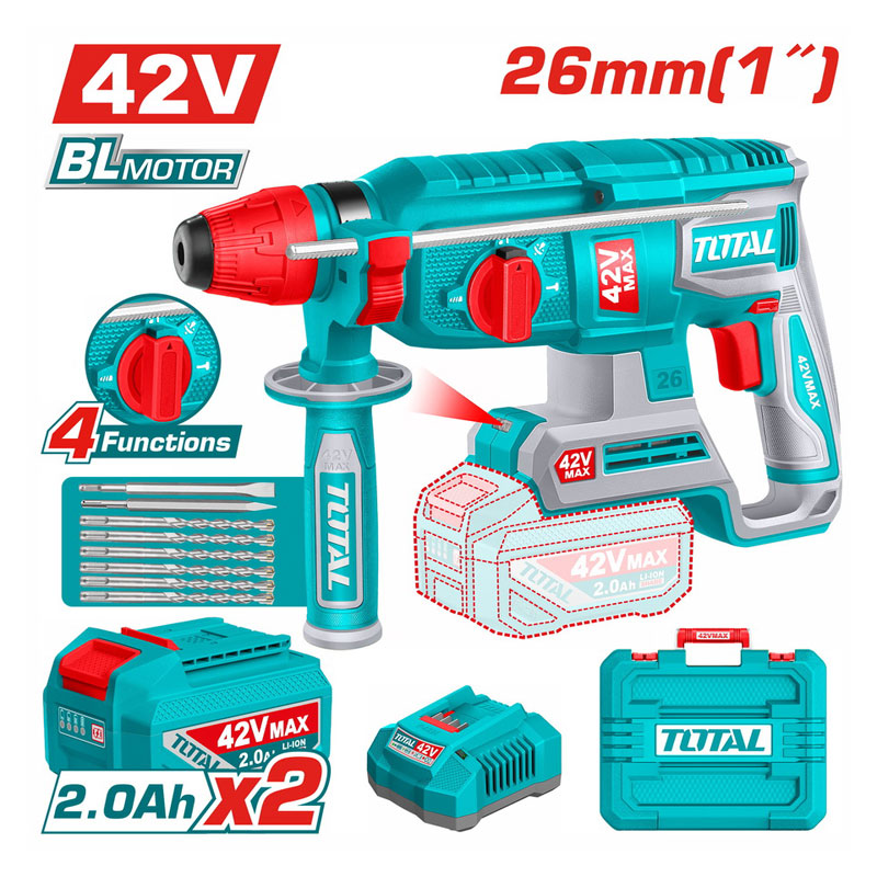 Total TRHLI422682 | Cordless Rotary Hammer - 42V, 26mm with Batteries & Charger