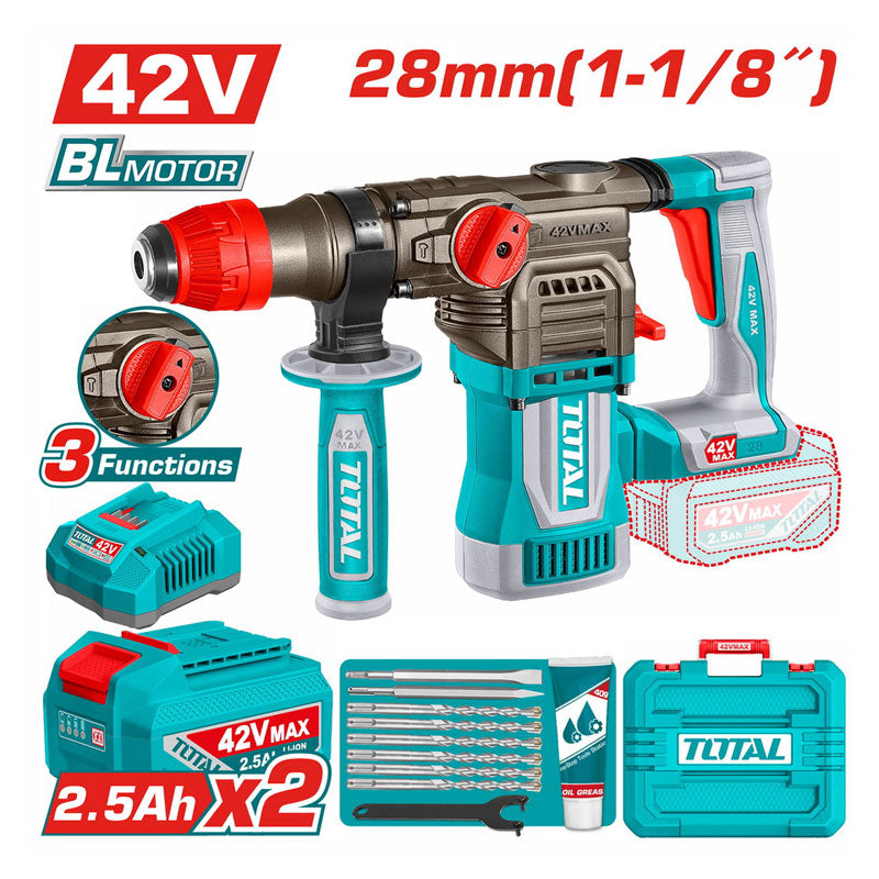 Total TRHLI422882 | Cordless Rotary Hammer - 28mm with Batteries & Charger
