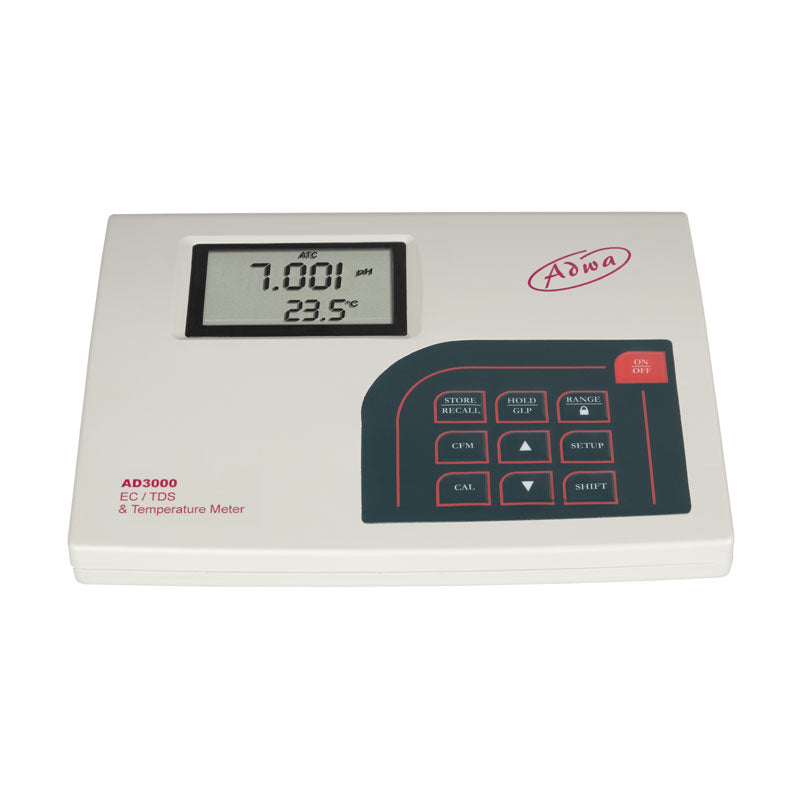 ADWA AD3000 | Professional Conductivity, TDS & Temperature Bench Meter with GLP digital device, a white plastic casing, and a black LCD screen.