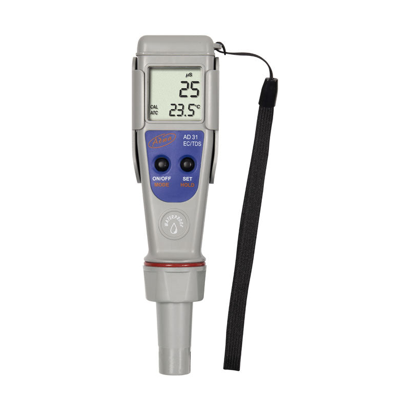 Digital electronic tester with a gray body, black strap, and a digital screen displaying temperature readings.