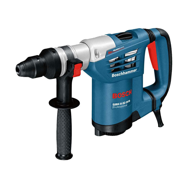 Bosch GBH 4-32 DFR professional rotary hammer in blue color with a red grip and black details.