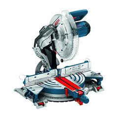 Bosch Compound Miter Saw GCM 12 MX with a 305mm blade and 1800W motor, predominantly in gray, blue, and red colors.