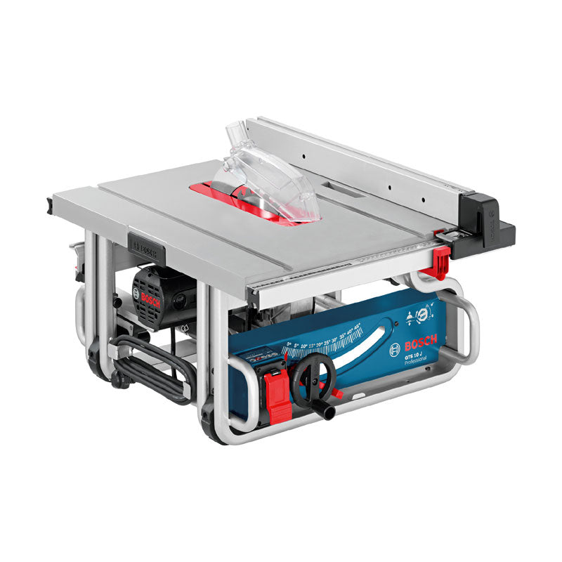 Bosch table saw with a 254mm blade, model GTS 10 J, featuring a gray body with red and black accents and a visible blade guard.
