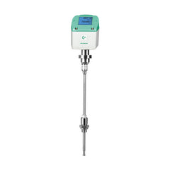 A digital flow meter for wet compressed air with a display and a metallic sensor probe.