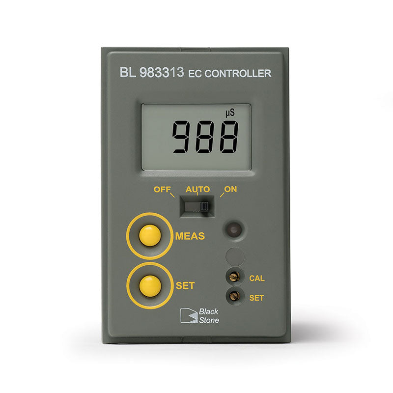 Hanna digital conductivity controller BL983313 with a gray body, a digital screen displaying a value, and buttons labelled 'OFF,' 'AUTO,' 'MEAS,' and 'CAL'.