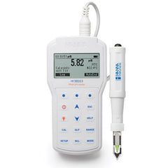 A professional portable pH meter Hanna HI98163 with a digital display and a meat electrode with a stainless steel piercing blade.