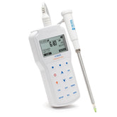 A professional portable pH meter HI98165 for cheeze with a digital display and a probe, primarily white in color.