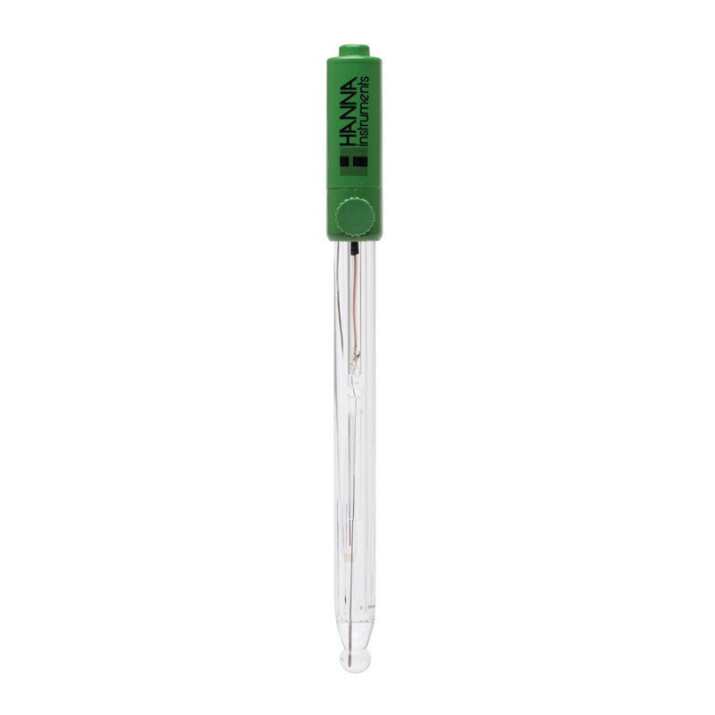 A Hanna brand pH electrode glass body refillable with a green and clear glass body and a metal probe.