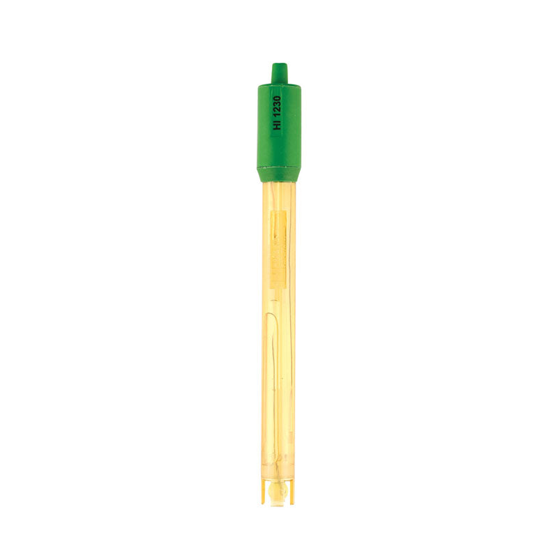 A single yellow Hanna PEI body pH electrode with a green cap, used for analytical purposes in science and laboratory settings.