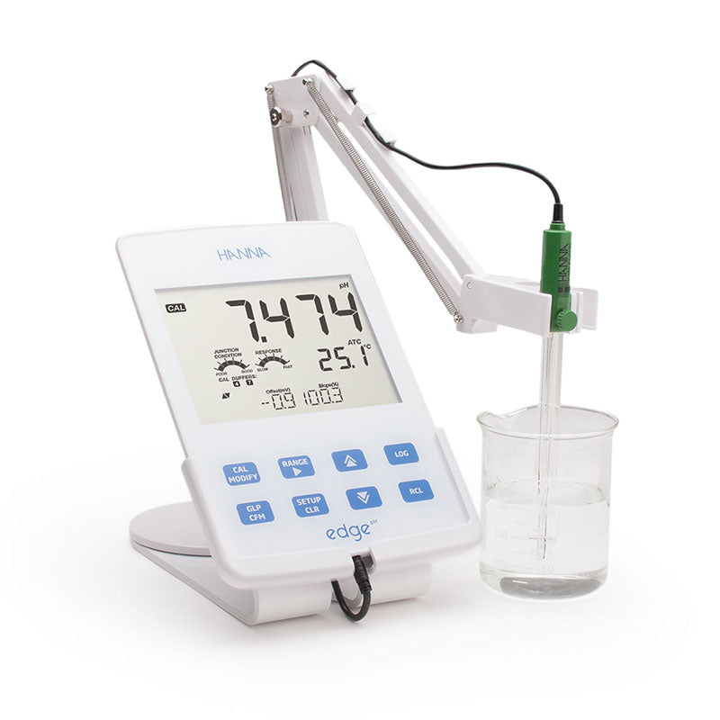 Benchtop pH/ORP meter HI2002 with a digital display, functional buttons, and a probe attached with a stand.