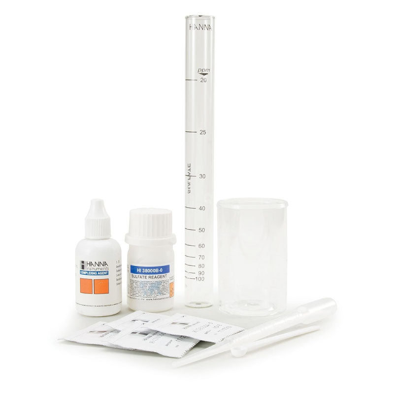 Hanna Sulfate Test Kit HI38000 with reagents and tools for water testing, including test tubes and a measuring cylinder.