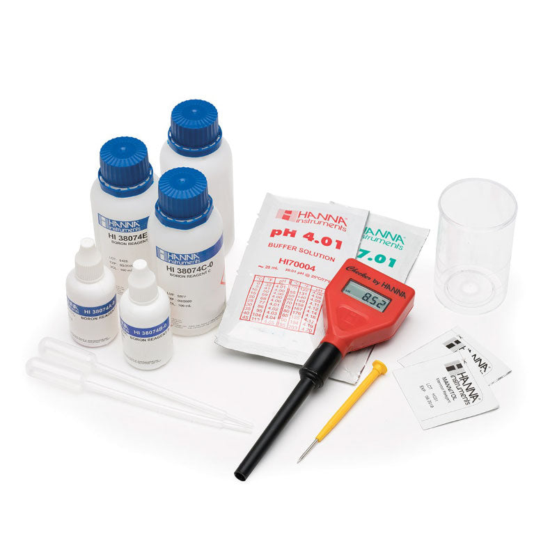Hanna HI38074 test kit with pH meter, buffers, and solutions on a white background for Boron testing in water.