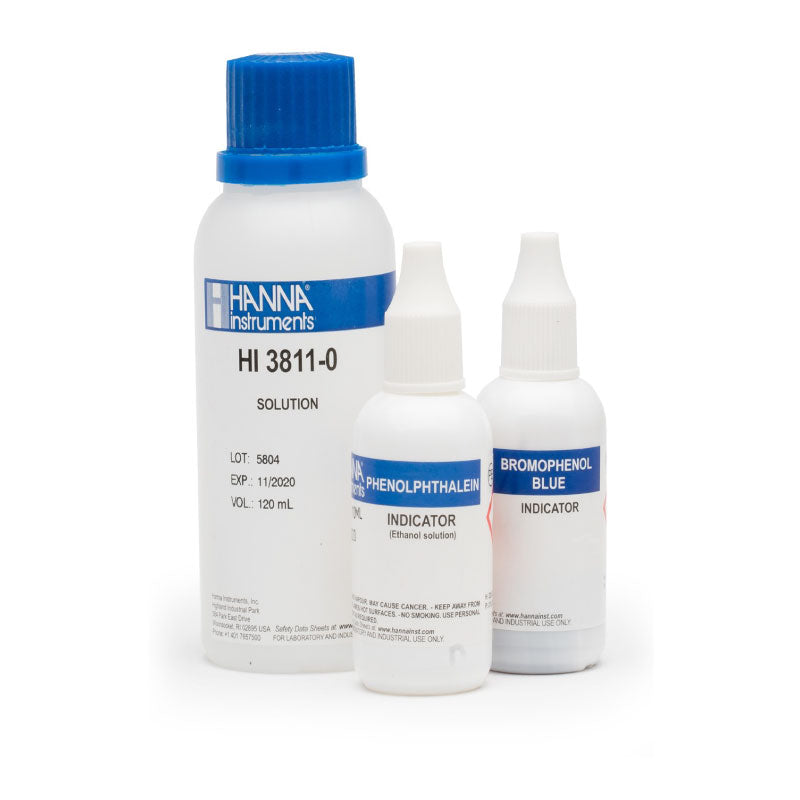 Three bottles of Hanna alkalinity test kit solutions HI3811, labeled for phenolphthalein and bromophenol blue indicators, against a white background.