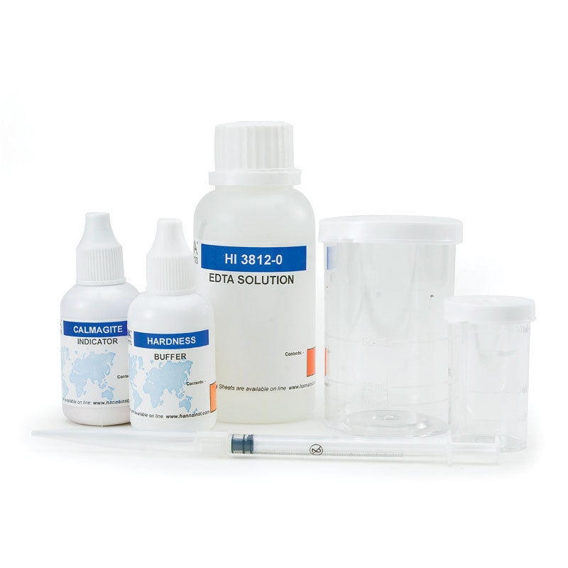 Hanna Total Hardness Test Kit HI3812, including bottles of reagents and a titrator for measuring water hardness.