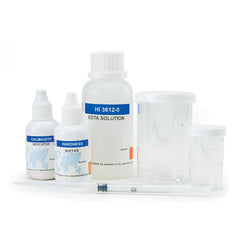 Hanna Total Hardness Test Kit HI3812, including bottles of reagents and a titrator for measuring water hardness.