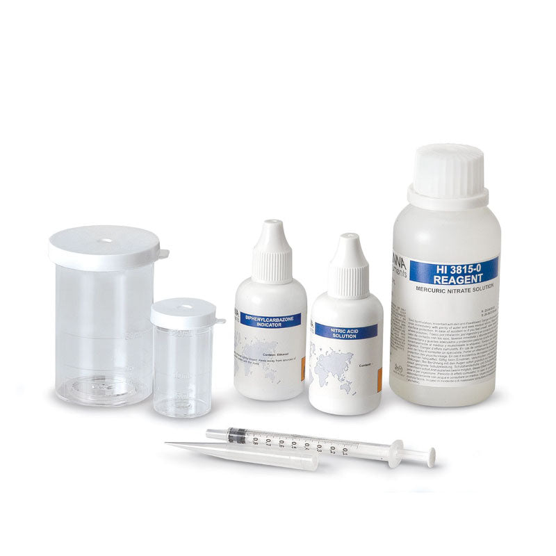 Hanna Chloride Test Kit HI3815 with reagents and accessories, including bottles, pipette, and cuvette, displayed on a white background.