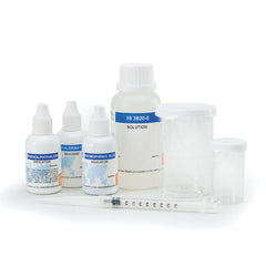 Hanna Acidity Test Kit HI3820 with reagents and equipment for water testing, including bottles, indicator solutions, and a syringe, against a white background.