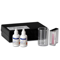 Hanna Bromine Test Kit HI3830 with reagents and accessories, including bottles, a color comparison cube, and a carrying case.