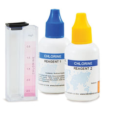 Hanna Free Chlorine Test Kit HI3831F, including two bottles of reagents and a color comparison cube.