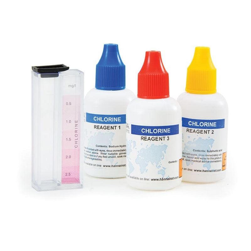 A Hanna Total Chlorine Test Kit HI3831T with a color comparison cube and three bottles of reagents with blue, red, and yellow caps.