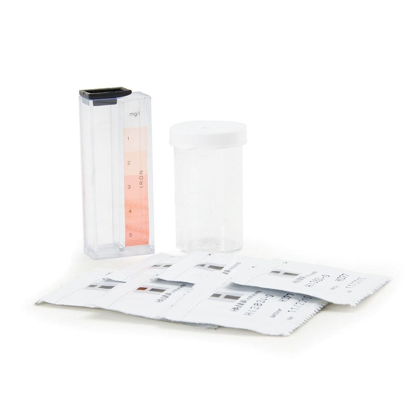 Hanna Iron Test Kit HI3834 with a colorimetric test tube, white test cups, and phenanthroline reagent bottles.
