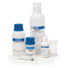 Hanna Formaldehyde Test Kit HI3838, including bottles of reagents and a titrator, on a white background.