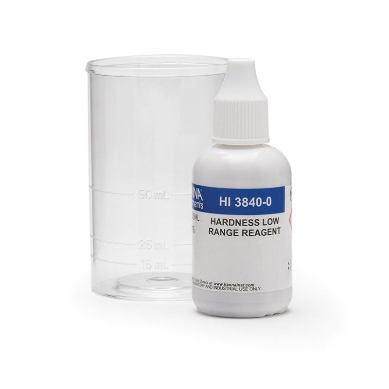Hanna total hardness LR test kit HI3840, including a bottle labeled HI 3840-0 hardness low range reagent and a measuring cylinder.
