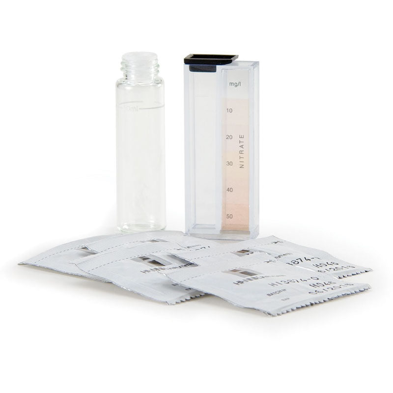 A Hanna Nitrate Test Kit HI3874 with a clear bottle, test tubes, and paper strips with reagents for measuring nitrate levels in water.