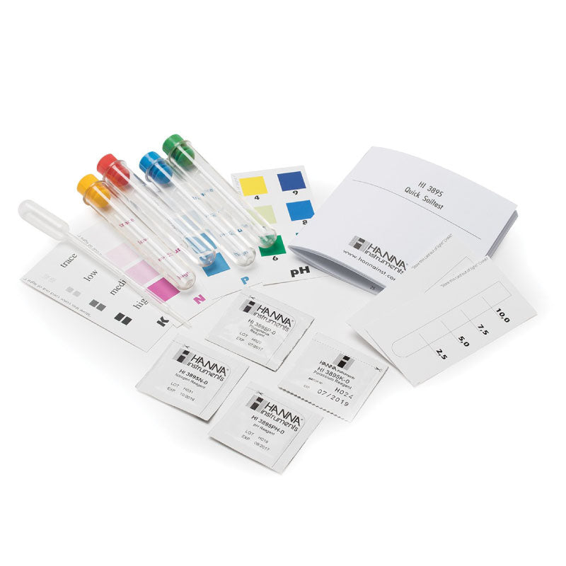 Soil chemical test kit by Hanna Instruments with pH, Nitrogen, Phosphorus, and Potassium testing components laid out on a white background.