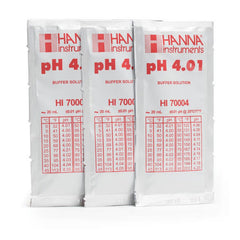 Three sachets labeled HI70004P Hanna pH Buffer Solution 4.01, with tablet code and expiration date visible.