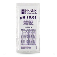 A sachet of Hanna Instruments pH 10.01 buffer solution, labeled as '20 ml' with a purple and white color scheme.