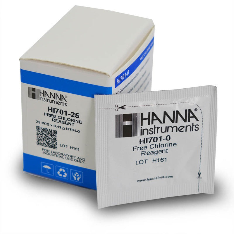 A box of Hanna HI701-25 Free Chlorine Reagents with a single reagent packet in front of it.