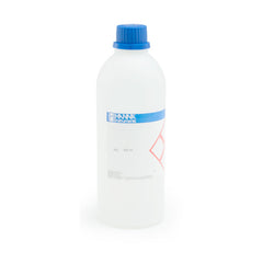 A 500ml bottle of Hanna Conductivity Buffer Solution HI7031L with a blue cap and a label that includes the product name and other details.