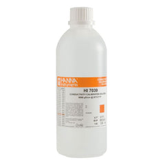 A bottle of Hanna Conductivity Buffer Solution HI7039L with label and text details.