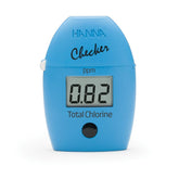 A blue handheld digital colorimeter with the label 'HANNA Checker ppm' and 'Total Chlorine' on it, displaying a numerical value on its screen.