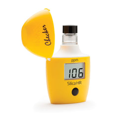 A Hanna Silica HR handheld colorimeter HI770 with a digital screen, displaying a reading of 106 ppm, in a yellow casing.
