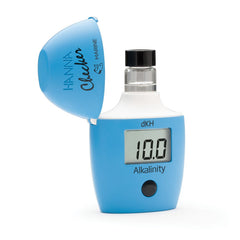 A handheld colorimeter for measuring alkalinity HI772, with a digital screen displaying the value 100. The device is primarily blue with white and black accents.