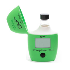 A green Hanna Phosphate ULR Handheld Colorimeter with a digital screen and a bottle attachment.